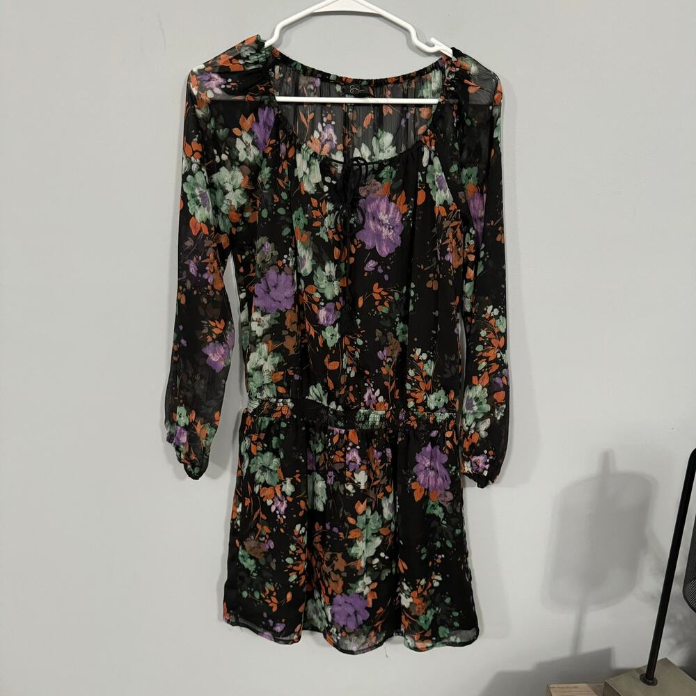 Jessica Simpson Black Floral Drop Waist Mini Dress Size Small Long Sleeves